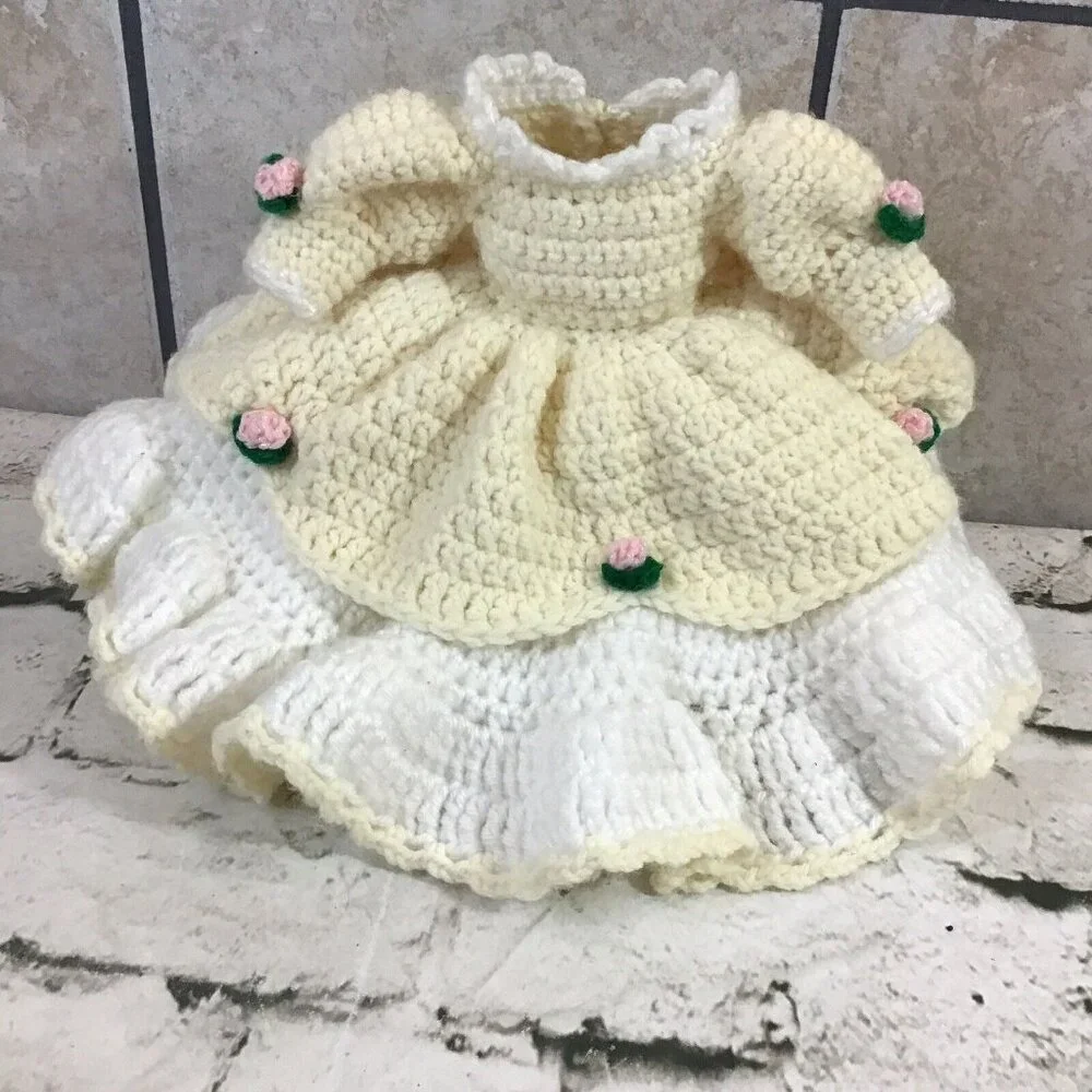 Vintage Handmade Crochet Doll Dress Yellow Layered Ruffled Southern Belle‎ Gown